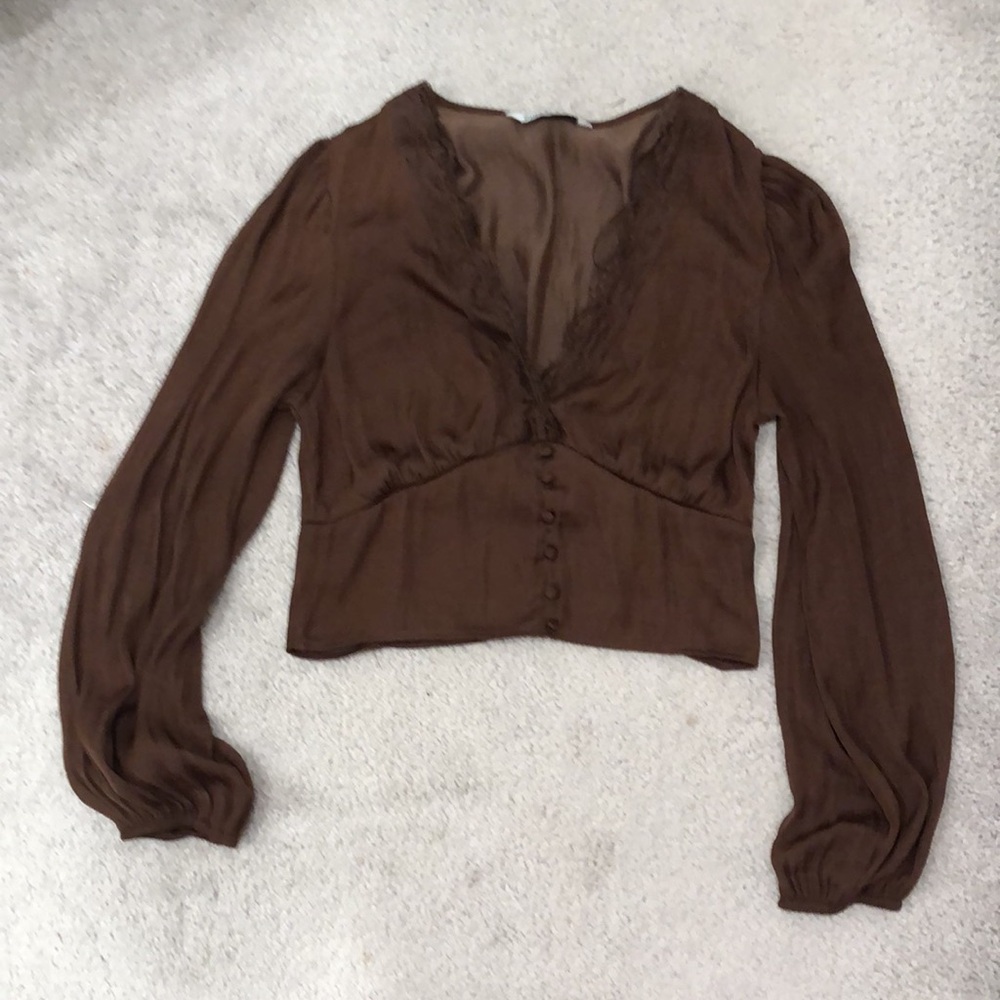 Satin Peasant Crop Top in Chocolate